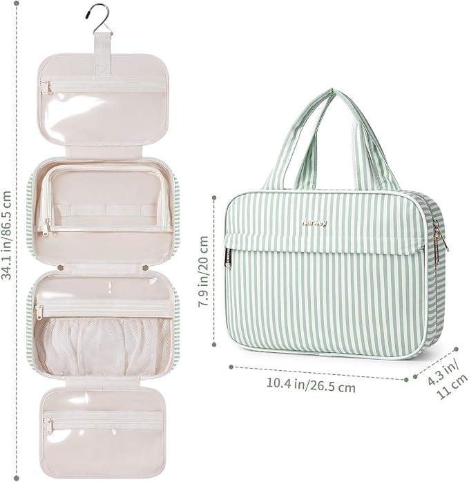 Narwey Striped Hanging Toiletry Bag for Women Travel Makeup Bag Organizer Cosmetic Make Up Toiletries Bag for Travel Essentials Accessories (Mint Green Stripe, Medium) - Image 5