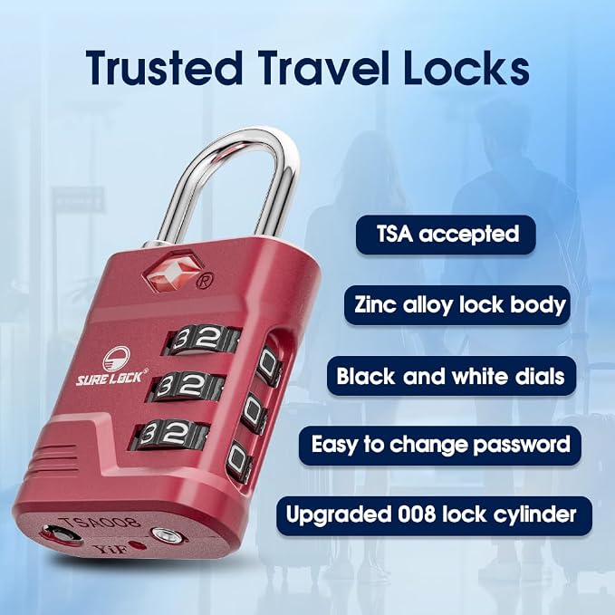 SURE LOCK TSA Approved Luggage Lock – 3-Digit Resettable Combination Padlock with Open Alert Red Dot, Large Easy-Read Dials for Suitcases, Backpacks, Gym & School Lockers(Red 2 pk) - Image 4