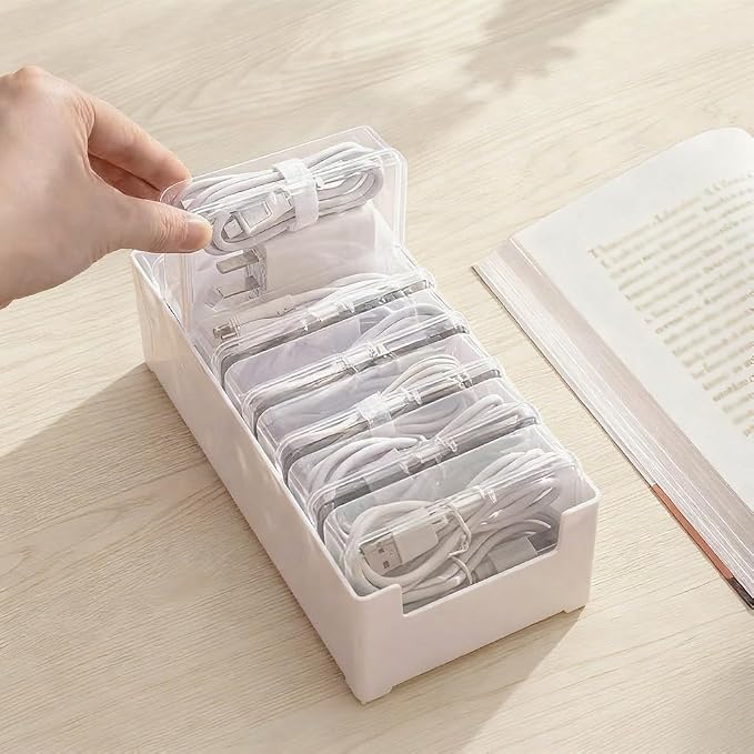 RayHenry Cable Organizer Box with 7 Clear Switch Case, Desktop Charger Cord Storage Organizer Box for Home Office Desk Accessories Wire Organization Stationery Supplies (white) - Image 3