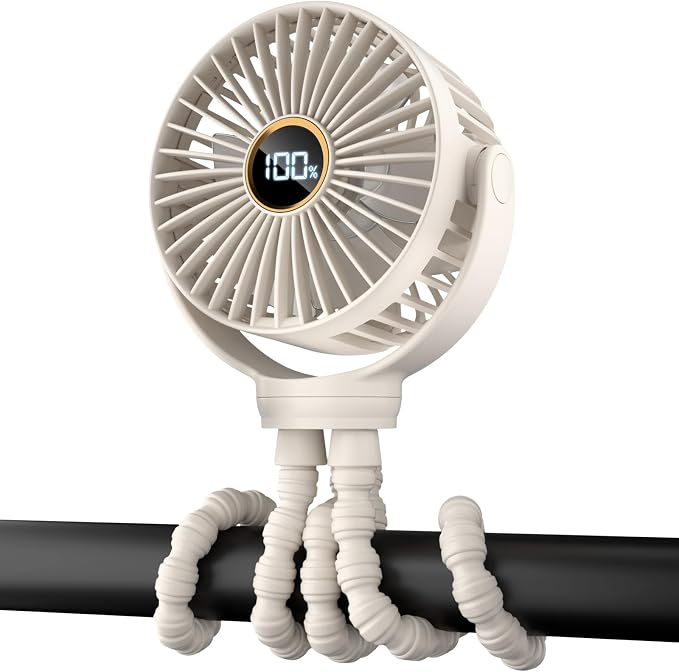 Portable Stroller Mini Fan, Small Rechargeable Personal Fan, Travel Essentials for Baby, Wagon, Car Seat, Treadmill, Battery Powered Biking Gear Accessories, 360° Rotation, 3-Speed, Display, Beige by Buywoo