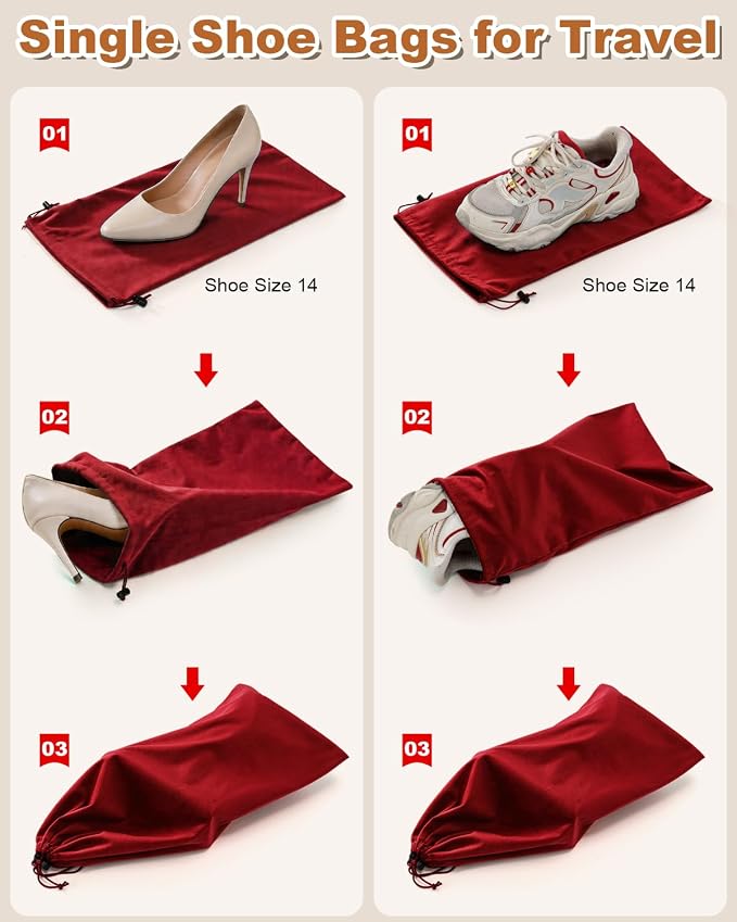 2 Pcs Single Shoe Bags for Travel, Dust Velvet Bag, Rio Red, 17.3x8.6 Inch | Washable & Reusable Travel Shoe Bags, Dustproof Shoe Bags with Drawstring Closure, Suitable for Travel, Home Storage - Image 4