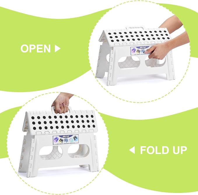 Delxo Folding Step Stool 9 inch,300Lbs Extra Wide Step Stool for Kids | Foldable Step Stool,15-Inch Extra Wide Non-Slip Foot Stools with Handle,Lightweight for Kitchen,Bathroom,Bedroom,Garden White - Image 6