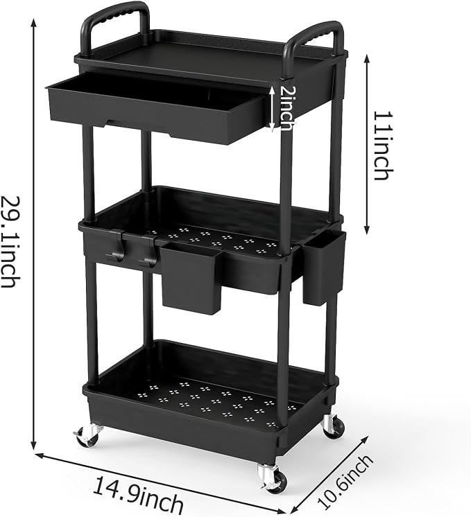 3 Tier Rolling Utility Cart with Drawer, Plastic Storage Organizer Rolling Carts with Wheels Handles Hanging Cups Hooks for Office, Bathroom, Kitchen,Craft Art Room (Black) - Image 2