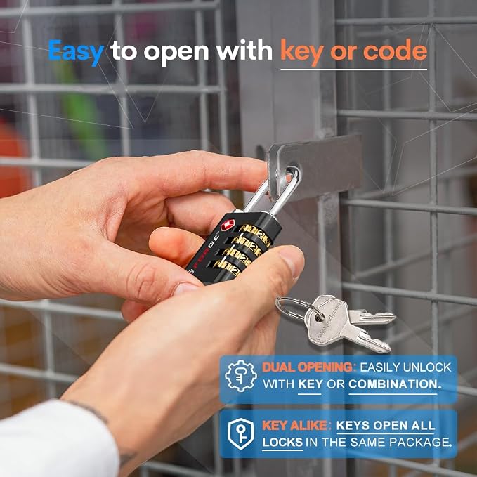 Forge Dual-Opening: Key or Combination Access Lock, Use Key to Recover Code If Forgotten, TSA Approved Locks for Luggage, Pelican case, Travel, Gym, School, Stainless Steel Shackle.(Black 6 Pk) - Image 3