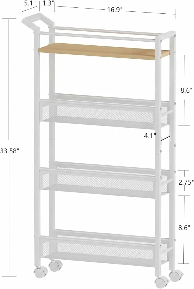 4 Tier Slim Rolling Storage Cart, 5.1 Inch Wide Narrow Storage Cart with Handle, Iron Wood Utility Slide Out Pantry Shelf Organizer for Laundry Room, Bathroom, Kitchen, Small Spaces,White - Image 3