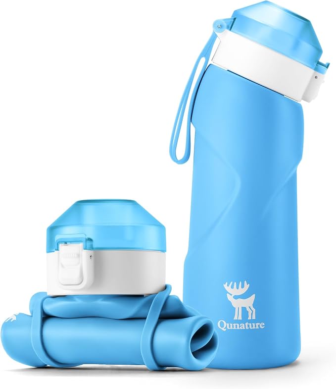 Quanture Collapsible Water Bottle 24oz (700mL), Foldable Silicone Travel Water Bottle, Leakproof & BPA-Free, with Wide Mouth & Carry Strap for Hiking, Camping, Outdoor, Blue by QUNATURE