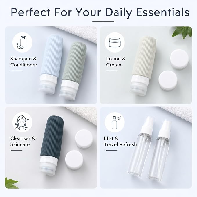 16 Pack Travel Bottles Set - TSA Approved Toiletry Bottles, Leak Proof Refillable Silicone Travel Size Containers with Jars, Spray Bottles, Funnel, Brush & Clear Bag for Carry-On, Camping & Vacation - Image 4