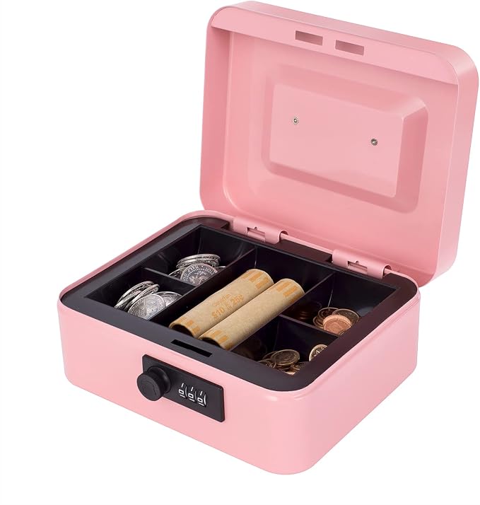 Goehiaul Cash Box with Combination Lock and Money Tray Metal Money Box for Cash Small Cash Box for Money Safe 7.87"x6.3"x3.54" Pink - Image 8