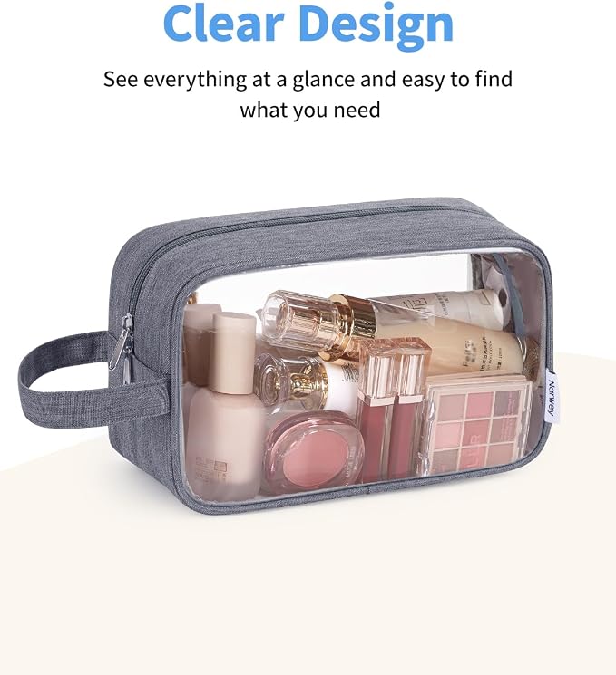 Narwey Clear Travel Toiletry Bags for Traveling Toiletries Men Women, Clear Makeup Bag Cosmetic Bag with Zipper, Make Up Pouch Organizer Bag with Handle, Skincare Beach Snack Medicine Bag, Grey - Image 2
