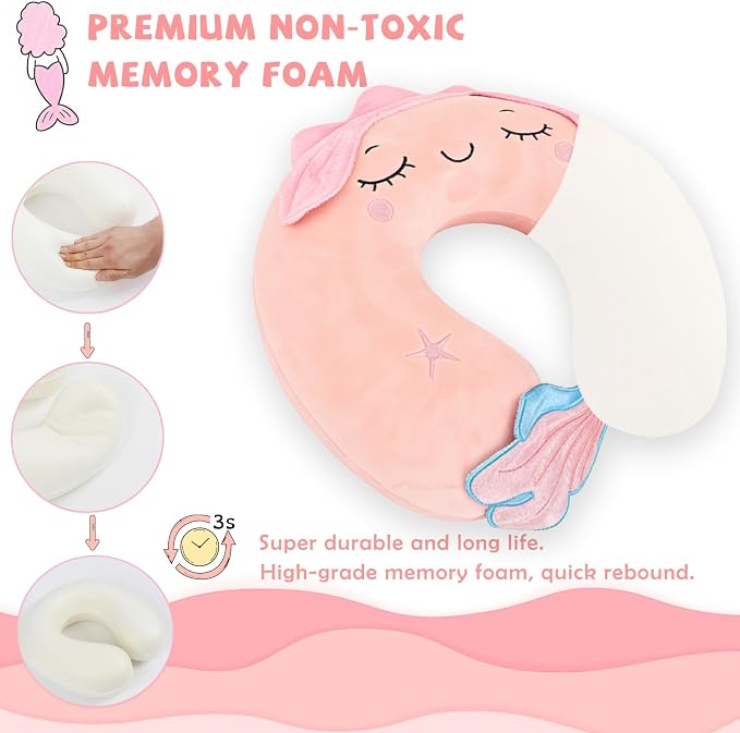 Travel Pillow, Travel Accessories for Car Airplane Traveling, Soft Memory Foam Kids Travel Pillow with Sleep Eye Mask Kids Neck Pillow for Boys & Girls - Cute Pink Mermaid - Image 3