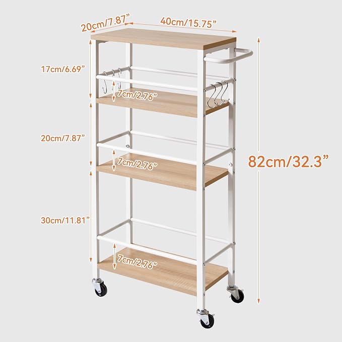 IBUYKE Slim Rolling Storage Cart, Kitchen Cart Utility Shelving UTMJ065R | 4-Tier, with Lockable Wheels,Handle&6 Hooks, 7.9" wide,for Kitchen, Laundry, Bathroom, Rustic Brown - Image 6