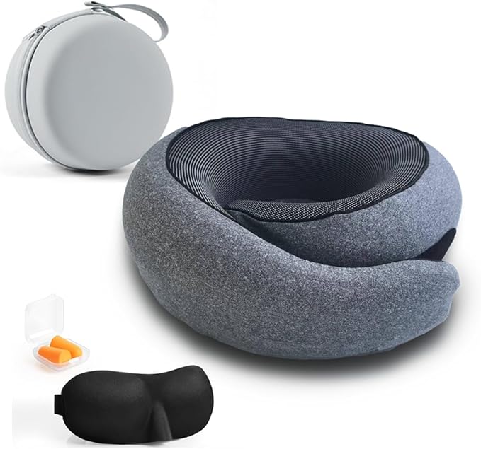 Travel Neck Pillow with Memory Foam & Chin Support – Includes Cute Macaron EVA Water-Resistant Carry Case, Eye Mask & Ear Plugs (Dark Grey) by Unknown