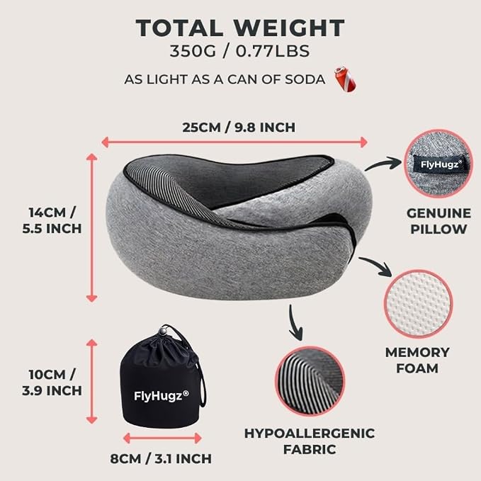 FlyHugz® Neck Travel Pillow Memory Foam Neck Pillow for Comfort on Airplane Compact and Ergonomic Design for Travel, Car Rides, and Home Use Ideal for Adults and Kids. - Image 5