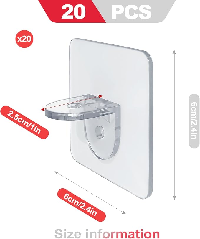 20 Pack Heavy Duty No-Drill Adhesive Shelf Brackets, Clear Waterproof Plastic Wall Shelf Supports for Shower Caddy Kitchen Cabinet Bookshelves - Image 2