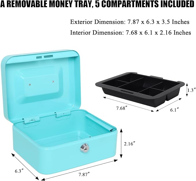 Jssmst Cash Box with Key Lock - Durable Metal Cash Box with Money Tray, Light Blue, Medium - Image 2