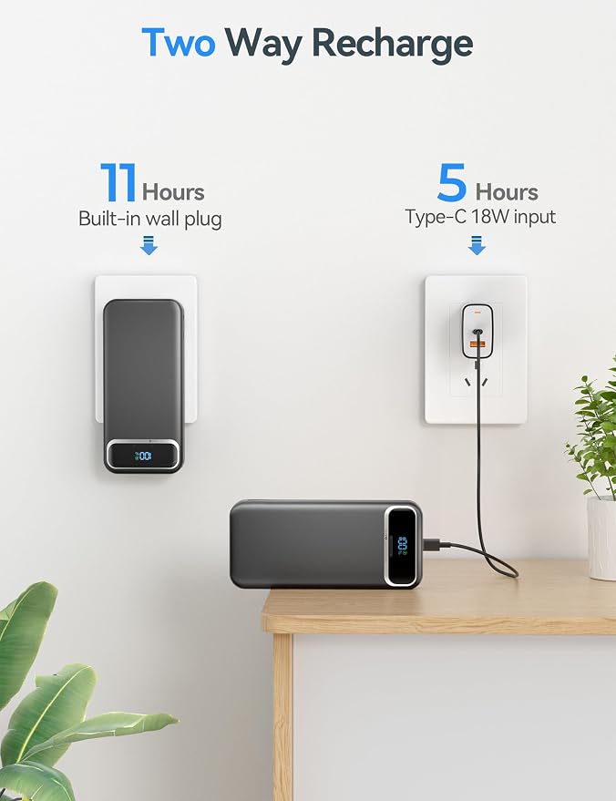 aonidi Portable Charger 20000mAh with Built-in Cables&AC Wall Plug, Black | PD20W Fast Charging,Travel Essential,TSA Approved,LED Display,All in One USB C Power Bank for All Cell Phones Devices - Image 7