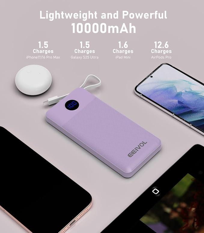 Portable Charger with Built in Cables, Slim 10000mAh Power Bank, USB C Battery Pack Travel, 4 Output 2 Input External Charging Bank for iPhone 17/16/15/14/13,Samsung, Android, etc-Purple(1 Pack) - Image 8