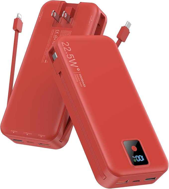 Portable Charger 20000mAh 22.5W w/Built-in Cable & Wall Plug Red | High capacity, Fast charging, Built-in cables & wall plug, LED display, Charge 5 devices at once, Pass through, TSA approved by Rngsnoy