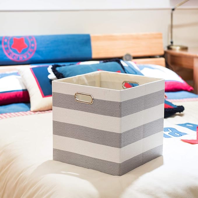 Posprica Storage Cubes,13×13 Collapsible Storage Baskets Bins Fabric Drawers - 2pcs, Grey-white Striped - Image 4