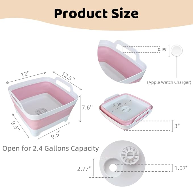 Collapsible Wash Basin for Baby Bottles - 2.4 Gallons Portable Wash Bin for RV Camping Sink, Space-Saving Dish Tub (Pink) - Image 2