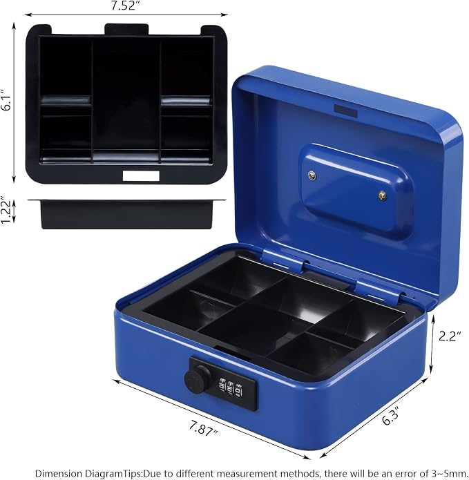 KYODOLED Cash Box with Combination Lock,Safe Metal Box for Money,Storage Lock Box with Money Tray,7.87"x 6.30"x 3.54" Blue Medium - Image 3