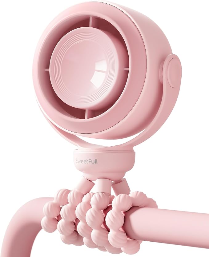 SWEETFULL Portable Stroller Fan, Pinch-Proof Baby Fan - Pink | Wide Turbine Airflow; Safe Design; LED Display; 5-Speed; 30dB Quiet; USB-C Rechargeable; Mini Clip On Fan for Car Seat & Bed by SWEETFULL