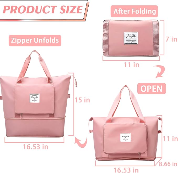 Travel Bag for Women Expandable Weekender Overnight Bag Carry on Sports Tote Gym Bag Waterproof Foldable Duffel Bag (Pink) - Image 2