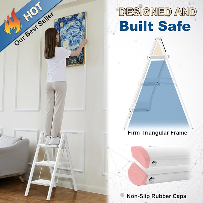 Double Elite Step Ladder 3 Step Folding, Sturdy 330 Lbs Load Step Stool for Adults, Safer Full Steel Kitchen Closet Ladder for Home, Multi-use Small Step Stool Ladder with Anti-Slip Wide Pedals, White - Image 2