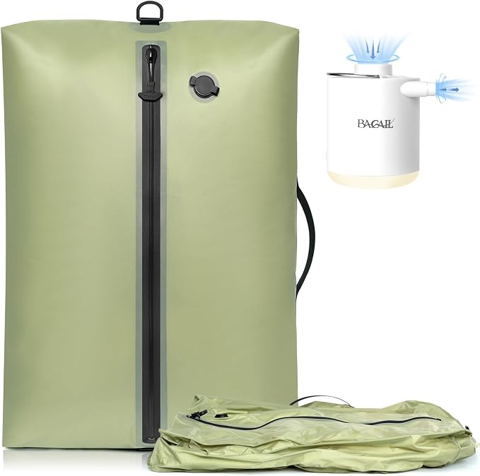 BAGAIL TPU Vacuum Bag for Travel, Reusable Compression Bag with IPX8 Waterproof Zipper, Save Space for Suitcase, Backpack and Carry on (Olive Green, ExtraLarge, With Pump) by BAGAIL