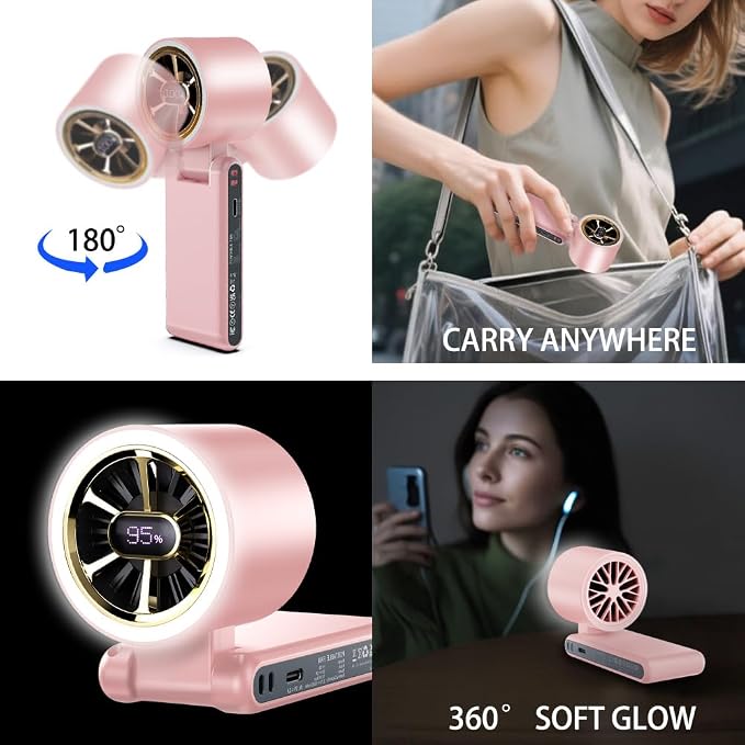 CAZOKASI Rechargeable Strong Wind Handheld Fan With Ambient Lighting 4 IN1 5000mAh Upto 22H For Desktop Waist Clip Neck (StrongWind/Pink) - Image 2