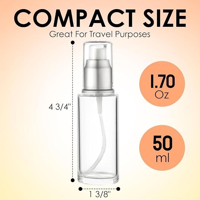Clear Glass Pump Bottle (4-Pack) 1.7 Oz 50ml - Refillable, Lotion | Silver Cap, Luxury, Serum, Foundation, Body Cream, Sanitizer, Cosmetics, Travel - Image 3
