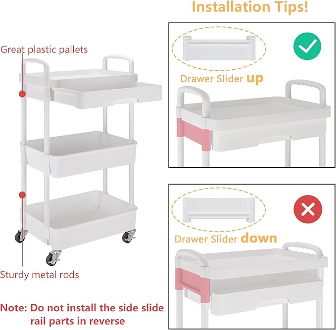 Calmootey 3-Tier Rolling Utility Cart with Drawer,Multifunctional Storage Organizer with Plastic Shelf & Metal Wheels,Storage Cart for Kitchen,Bathroom,Living Room,Office,White (Pack of 2) - Image 6