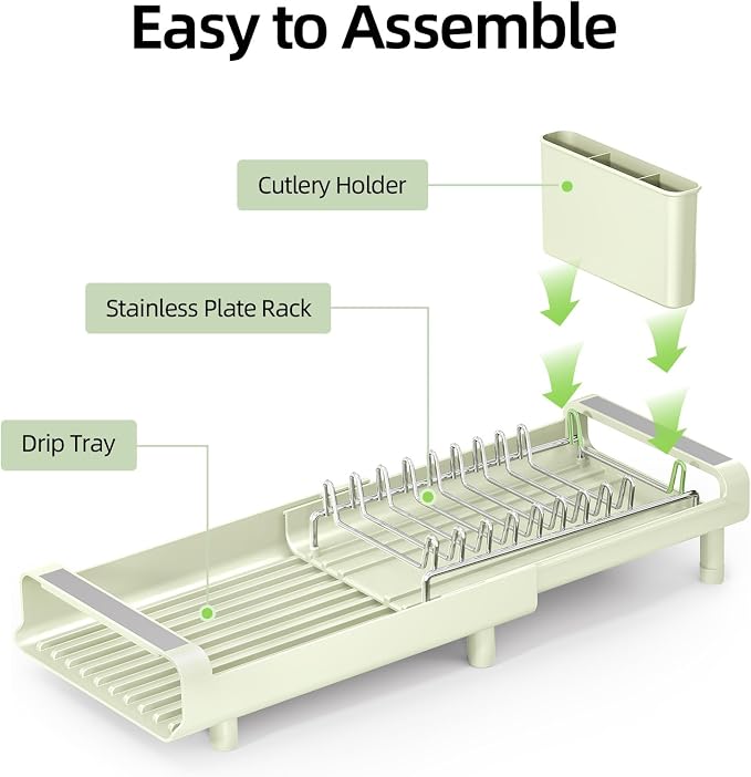 TOOLF Small Dish Drying Rack, Expandable and Space-Saving, Grayish Green | Mini Dish racks for kitchen counter, Compact Design Fits Sink or Counter, Stainless Steel Plate Rack, 11"-19.3"L×7.7"W×3.54"H - Image 8