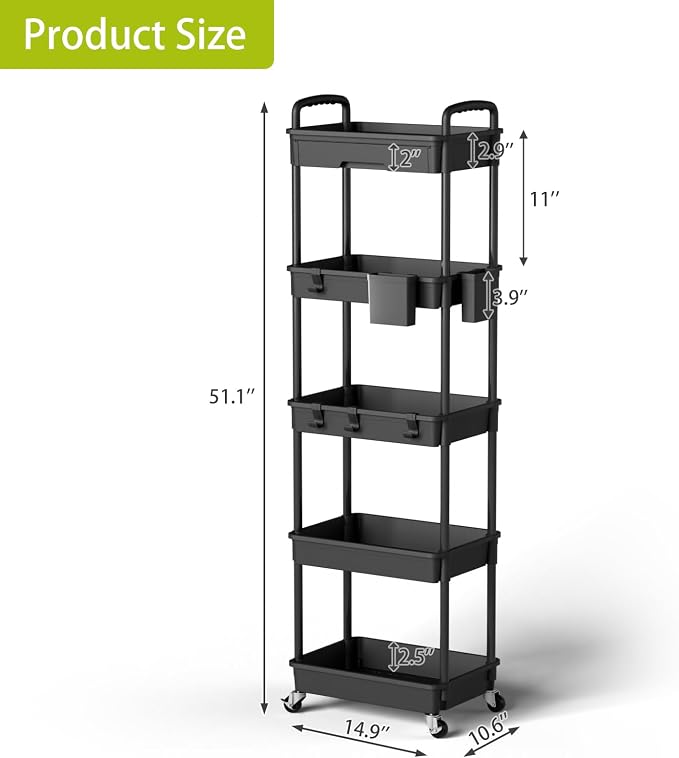 Sorgion 5 Tier Rolling Cart Organizer,Bathroom Cart Organizers with Wheels Laundry Room Organization Mobile Shelving Unit Utility Cart Storage Shelves Multi-Functional for Office, Home(Black) - Image 3