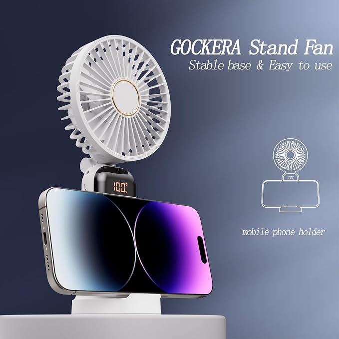 GOCKERA Portable Fan, 4200mAh Battery Operated Fan, 5 Speeds&Digital Display, Makeup Fans for Women with Base, 180°Foldable 3in1 Handheld/Neck/Desk Fan for Outdoor Indoor,Ultra Quiet (White) - Image 5