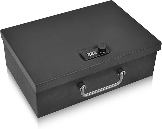 TOTOY 0.35 CuFt Portable Steel Fireproof 3-Digit Lock Handheld Document Box | Rotable Carrying Handle Storage Lock Box for A4 Documents Passport Cash Money Laptop Tablet Jewelry, 13.8''W x 11''D x 4''H by TOTOY