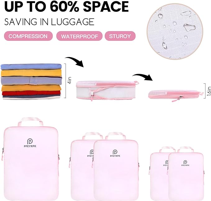 PFEYRPK Lightweight Compression Packing Cubes for Suitcases, Compressible Expandable Travel Packing Organizer with Clear Toiletries and Backpack Bag, Travel Essentials for Carry on Luggage 7 Set - Image 2