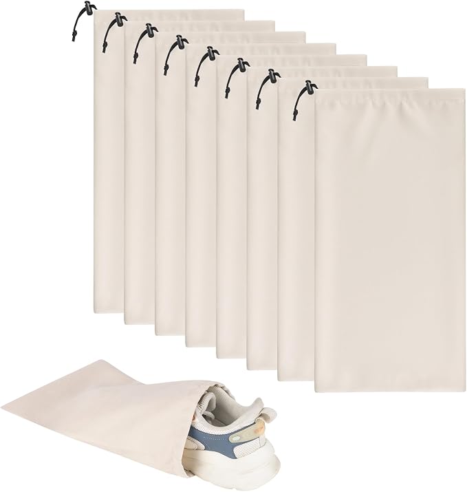 8 Pcs Single Shoe Bags for Travel with Drawstring,18"X9",Beige | Dust Resistant,Machine Washable & Reusable Storage Pouch,Travel Essentials for Women & Men by LAKEOFFIRE