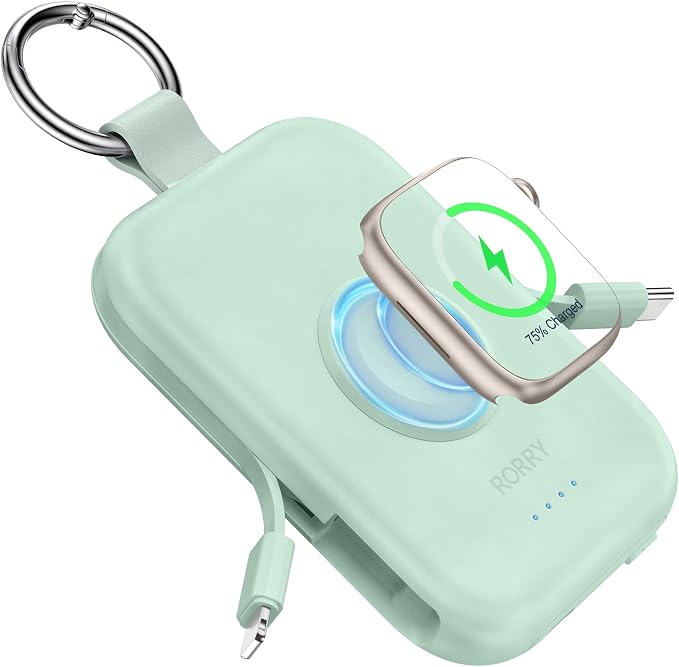 RORRY CharmGo Portable Charger, 5000mAh Portable Charger Power Bank | Built-in Cables,Travel Keychain Battery Pack Essentions for Apple Watch 1~11 Series/Ultra/SE & iPhone Air/17/16/15/14/13/12 by RORRY