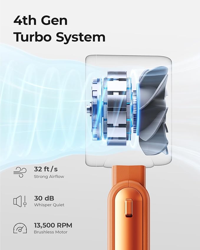 Portable Handheld Turbo Fan - 5 Gear High Speed 4000mAh Rechargeable Mini Personal Hand Fan Blow Cold Air, Battery Operated Travel Essentials, Gifts for Women, Men (Cosmic Orange) - Image 4