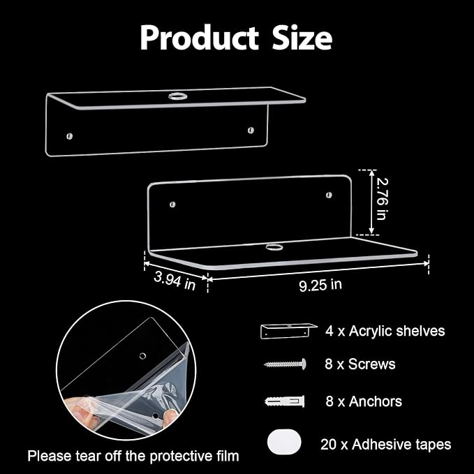 9 Inch Acrylic Floating Shelf, No Drill Adhesive Wall Shelf Set of 4 for Storage, Floating Shelves Damage-Free Expand Wall Space for Living Room, Office, Gaming Room, Bathroom - Image 3