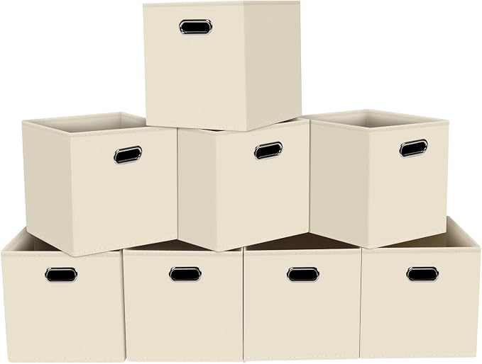 Fabric storage bins Cubes, Fabric Cube Organizer with Handle, Foldable Cube Bins for Cloth or Accessary Storage, 11x11x11, Set of 8, (Creamy White) by Yunkeeper