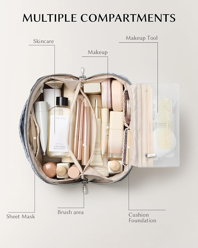 EACHY Velvet Travel Makeup Bag for Women, Flat Open Cosmetic Organizer | Velvet cosmetic organizer with two clear TPU brush pockets and extra storage for makeup, toiletries and travel essentials - Image 3
