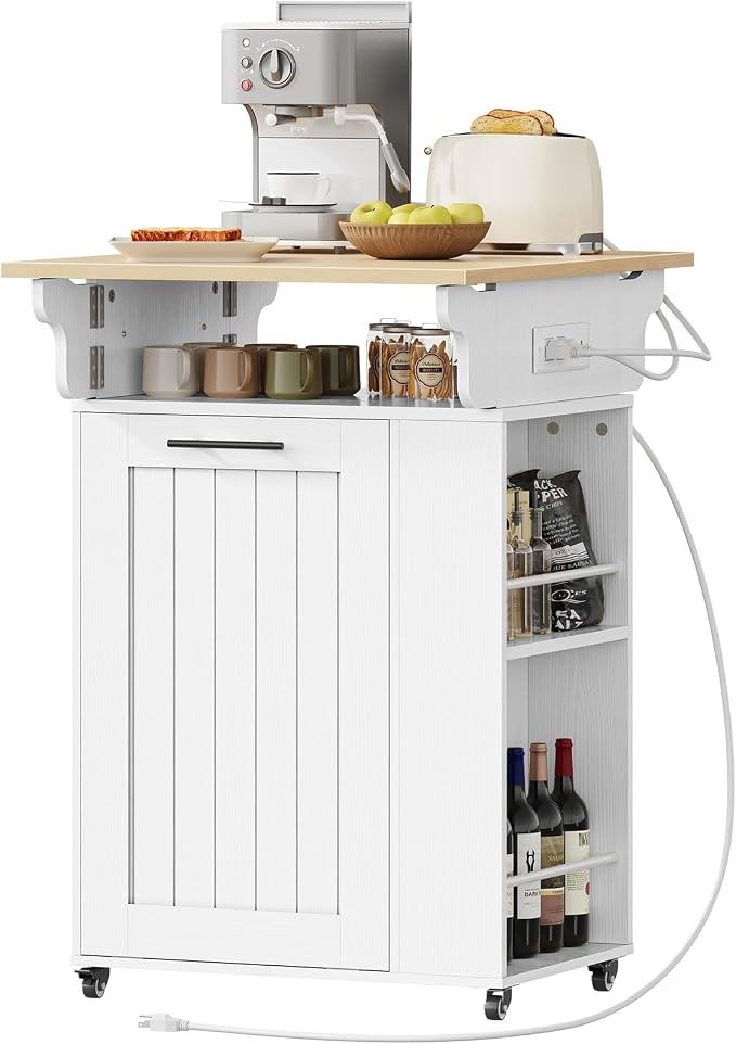 HOOBRO Kitchen Island with Trash Can Storage, Rolling Kitchen Island with Drop Leaf Countertop, Island Table with Power Outlet & Spice Rack, for 10 Gallon Garbage Bin, White and Natural WN33UZD01 - Image 9