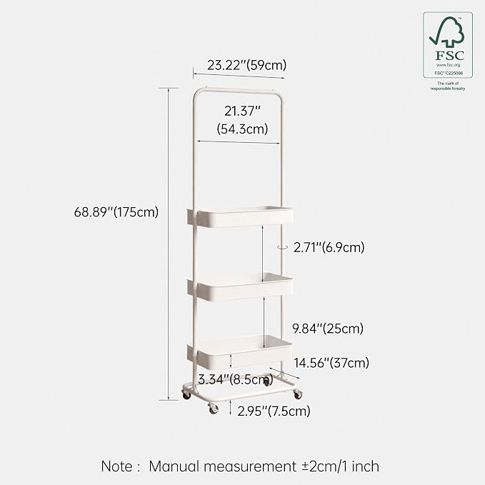 Tall 3 Tier Rolling Cart, Metal Storage Rack with Wheels for Indoor Spaces | Rust-resistant steel frame with adjustable tiers, locking wheels and 50 lbs shelves for flexible indoor organization. - Image 3