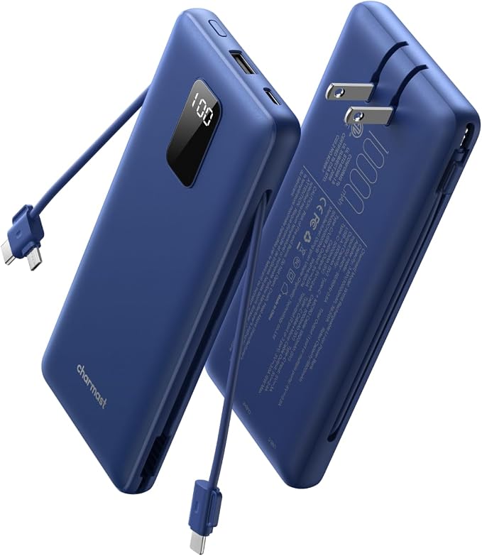 charmast Portable Charger Power Bank 10000mAh with Built-in AC Wall Plug | Built-in Cables,5 Outputs,Flight-Safe,Slim Travel Phone Charger for iPhone 17 14,Samsung Galaxy,iPad,Android,Smartwatch,etc by charmast