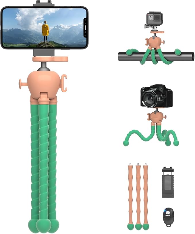 Phone Tripod with Wireless Remote - 2 in 1 Replaceable Flexible Tripod for iPhone, Portable Selfie Stick for Video Recording Vlogging - Compatible with iPhone Android Go Pro, Digital Camera by Jishane