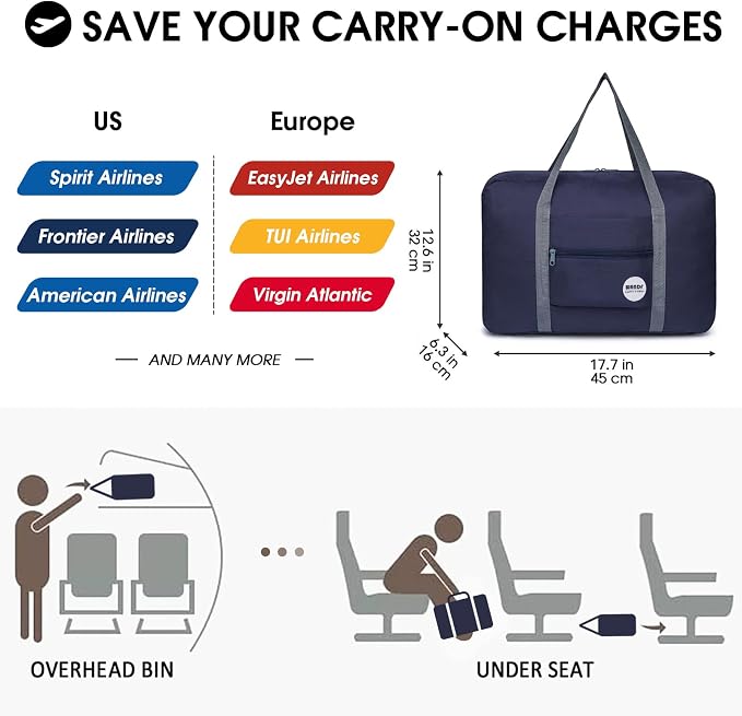 WANDF Personal Item Travel Bag, Carry On Duffle Bag Women | 18x14x8 inches, Airline Underseat Aprroved, Weekend Overnight Trips, Lightweight Packable - Image 2