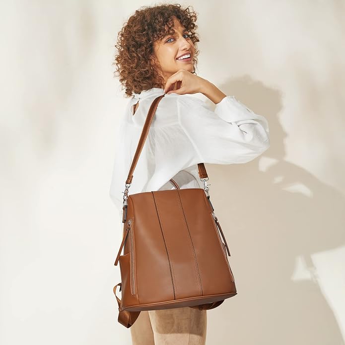 S-ZONE Leather Backpack Purses for Women Antitheft Rucksack Shoulder Bag Medium | Genuine Leather, Medium Fits 9.7-inch Tablet, for Work Travel Daily Commute, Multi Pockets, Adjustable Dual Straps - Image 7