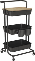 DTK 3 Tier Rolling Cart Uility Cart with Cover Board, Mobile Storage Cart with Wheels, Cups, Hooks for Office Utility Kitchen Bathroom Homeschool Art Craft Postpartum Teacher Cart Organizer(Black) by DTK